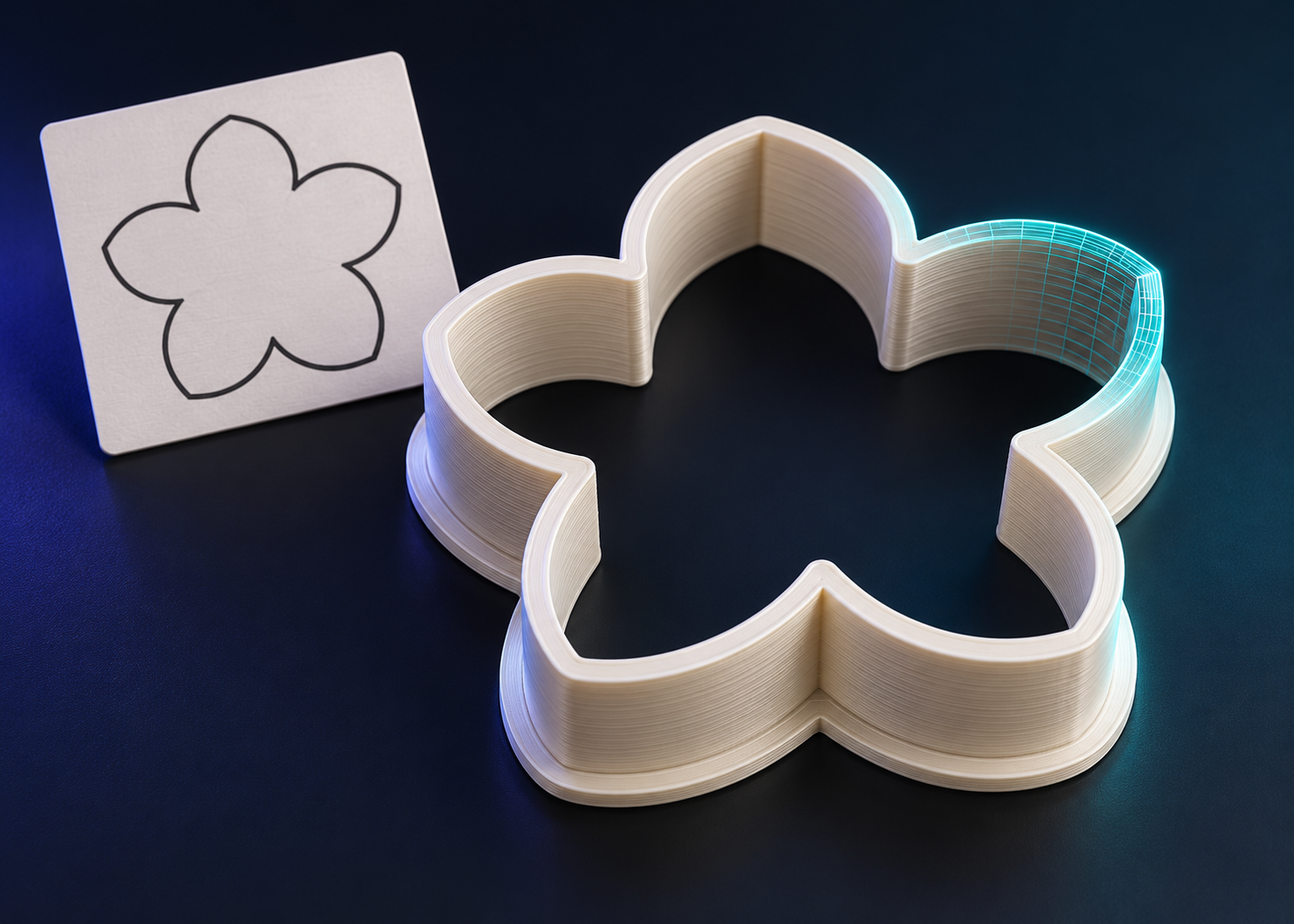 Illustration of a flower outline and its hollow cookie cutter with a reinforced base
