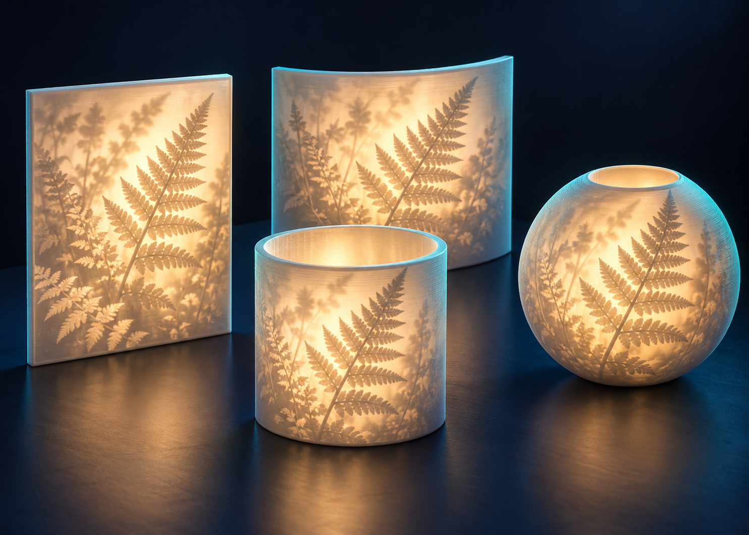 Illustration of flat, curved, cylindrical and spherical fern-pattern lithophanes