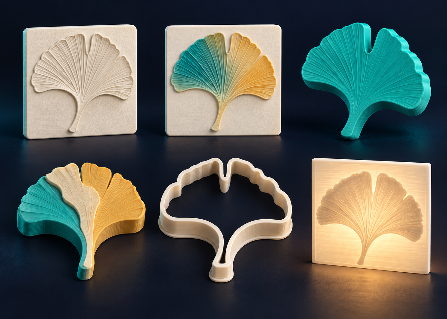Illustration of six ginkgo-leaf outputs: heightmap, color heightmap, extrusion, color-region extrusion, cookie cutter and lithophane